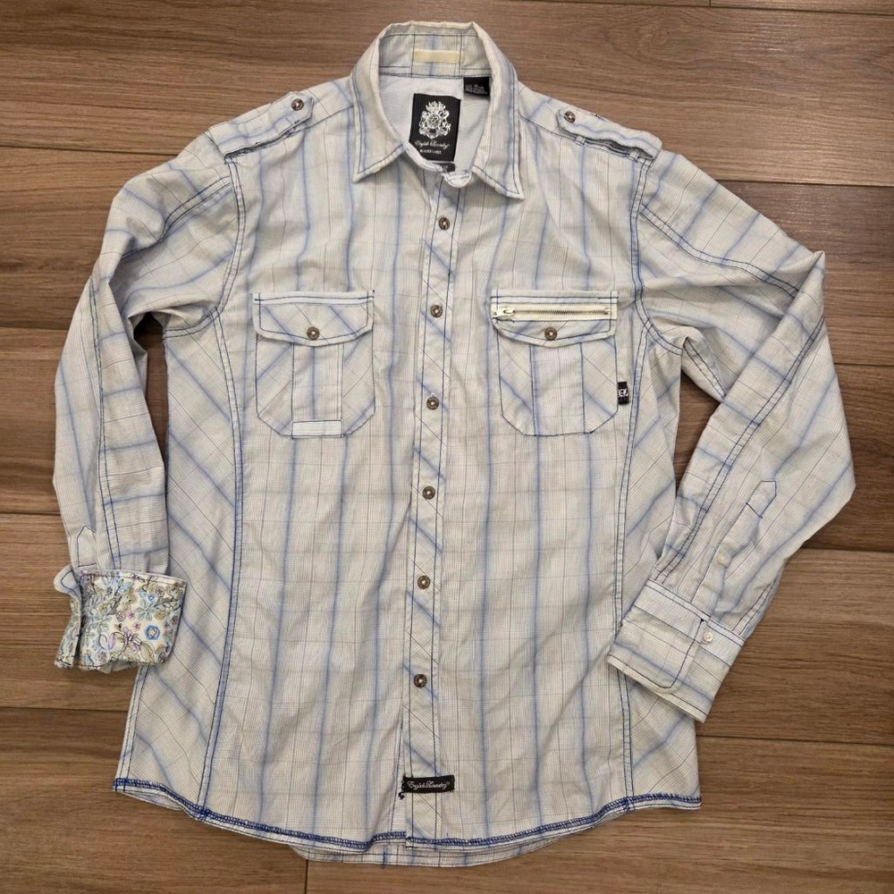 Men's English Laundry Button-Up Shirt Size M White Blue Plaid